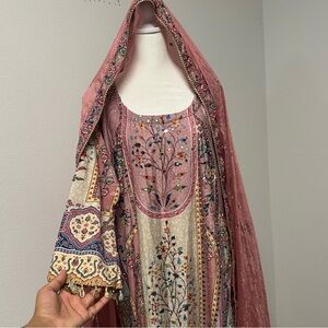 Pakistani Formal 3-Piece Outfit Pink Embroidered Suit  Size 46